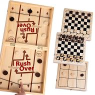 ropoda Fast Sling Puck Game, 4 in 1 Portable Wooden Board Games Set for Adults and Kids, Easter Basket Stuffer Idea, Chess, Checkers and Tic Tac Toe, Foldable Tabletop Wooden Hocke