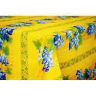 Le Cluny French Linens Le Cluny, Grapes in Yellow and Blue French Provence 100 Percent Coated Cotton Tablecloth, 60 Inches x 84 Inches