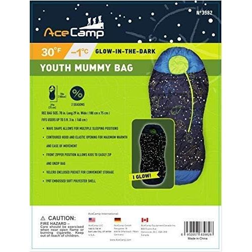  [아마존베스트]AceCamp Glow in The Dark Mummy Sleeping Bag for Kids and Youth, Temperature Rating 30°F/-1°C, Water-Resistant for Camping, Hiking, and Slumber Party