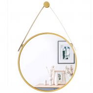 LAXF-Mirrors Round Decorative Mirror with Hanging Strap, Metal Framed Wall Mirror, Creative Makeup Shaving Iron Mirrors for Bedroom, Bathroom and Living Room Gold