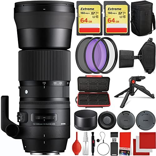  Sigma 150-600mm f/5-6.3 Contemporary DG OS HSM Nikon F-Mount Bundle with 2X Extreme 64GB Memory Cards, IR Remote, 3 Piece Filter Kit, Wrist Strap, Card Reader, Memory Card Case, Ta