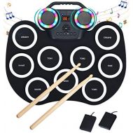 [아마존베스트]COSTWAY 9 Pads E-Drum LED Electronic Drum Set with Bluetooth 7 Tones 10 Demos Roll-Up Drum with Pedals and Drumsticks for Children and Beginners