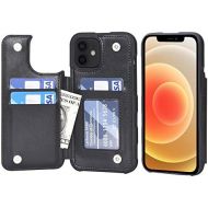 [아마존베스트]Arae Case for iPhone 12 and iPhone 12 Pro - Wallet Cover with PU Leather Card Holder - Black