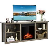 Tangkula Fireplace TV Stand, Entertainment Center w/22.5 Inches Electric Fireplace, Television Stand for TV Up to 75 Inches, Heater with Remote Control & Adjustable Brightness (Gre