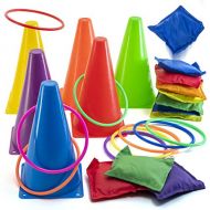 Prextex 3 in 1 Carnival Outdoor Games Combo Set Cornhole Bean Bags Ring Toss Game and Birthday Party Outdoor Games Supplies Plastic Cone Set 26 Piece Set