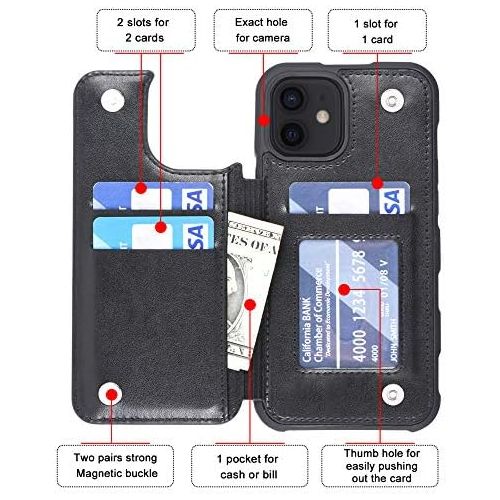  [아마존베스트]Arae Case for iPhone 12 and iPhone 12 Pro - Wallet Cover with PU Leather Card Holder - Black