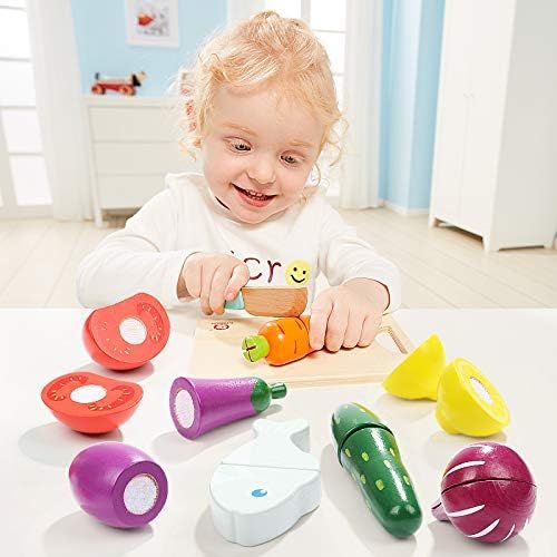  TOP BRIGHT Wooden Play Food for Kids Kitchen - Pretend Play Food Toy for Toddlers, Cutting Fruits and Vegetables Set for 2 3 Years Old Boy and Girl Birthday Gifts