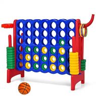 Costzon Giant 4-in-A-Row, Jumbo 4-to-Score Giant Game w/ Basketball Hoop, Ring Toss, Quick-Release Slider, 42 Jumbo Rings, Indoor Outdoor Family Connect Game for Kids & Adults, Bac