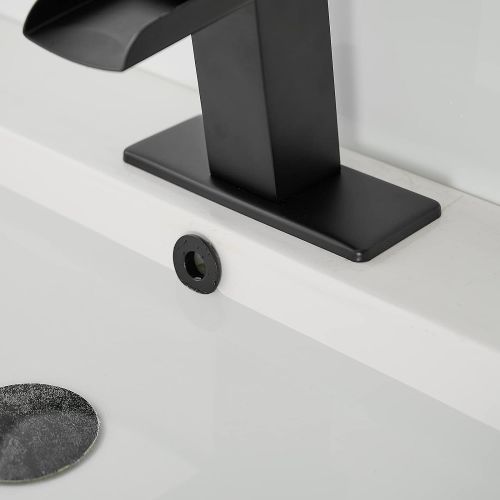  BWE Black Bathroom Faucet with Drain Assembly and Supply Hose Lead-Free Waterfall Single Handle One Hole Matte Black Bathroom Sink Faucet Lavatory Mixer Tap Deck Mounted