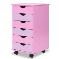 Tokotoolsempire 6-Drawer Wood Mobile File Cabinet Rolling Organizer Storage Office Home Pink