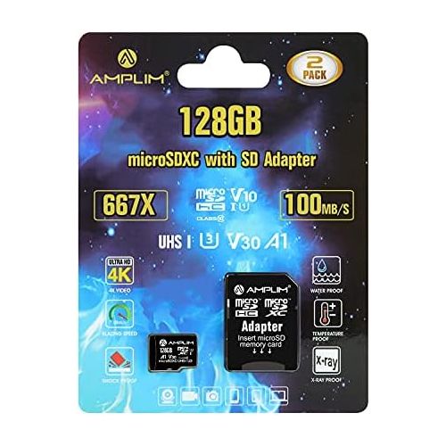  Amplim Micro SD Card, 128GB MicroSD Memory Plus Adapter, MicroSDXC SDXC U3 Class 10 V30 UHS-I TF Extreme High Speed Nintendo-Switch, Go Pro Hero, Surface, Phone Galaxy, Camera Secu