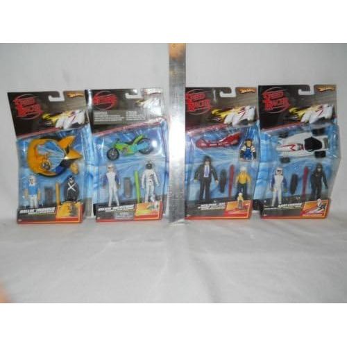  Hot Wheels Speed Racer Action Figure 2 Packs. The Four Included Speed Racer Two Packs are Rollin Thunder, Battle Board, Rockin Rocketbike, Kart Cannon. Includes Speed Racer (3), Po