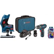 Bosch PS31-2A 12V Max 3/8-In 2-Speed Drill/Driver Kit, 12V Max EC Brushless Palm Edge Router, and the TI14 Titanium Metal Drill Bit Set