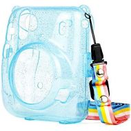 QUEEN3C Instant Mini 11 Protective Case, Designed for Mini 11 Instant Camera, with Adjustable Rainbow Shoulder Strap. (Clear Case, Blue Glitter Transparent)