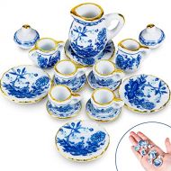 Sumind 15 Pieces Miniature Porcelain Tea Cup Set Kitchen Miniature Porcelain Set Mini Flower Pattern Teapot Cup Plates Set Dollhouse Kitchen Accessories Set (Classic Floral Style)