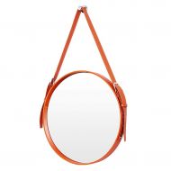 ZRN-Mirror Makeup Mirrors Leather Round Wall Mirror Decorative Mirror with Hanging Strap Silver Hardware Hook(Orange Yellow,Diameter 20-28Inch)