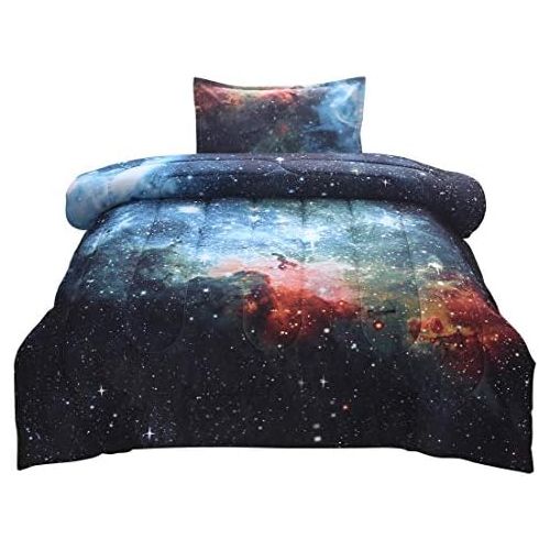  [아마존베스트]JQinHome Twin Galaxies Blue Comforter Sets Blanket, 3D Outer Space Themed Bedding, All-Season Reversible Quilted Duvet, for Children Boy Girl Teen Kids - Includes 1 Comforter, 1 Pi