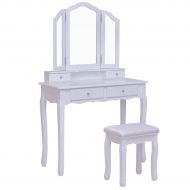 Giantex Bathroom Vanity Set Tri-Folding Mirror W/Bench 4 Drawer Dressing Table Make-up Vanity Table Set (White)