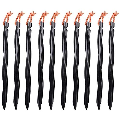  Azarxis Aluminum Tent Stakes Pegs Heavy Duty Lightweight for Camping Sand - 10 Pack (Black - Spiral - 9.84 Inches)