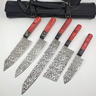 SS 1 Vetus Japanese Knife Set 12C27 Stainless Steel Chef Knife Set Professional Etched Kitchen Knives Set with Chef Bag/Knife Roll Chef Knife Bag