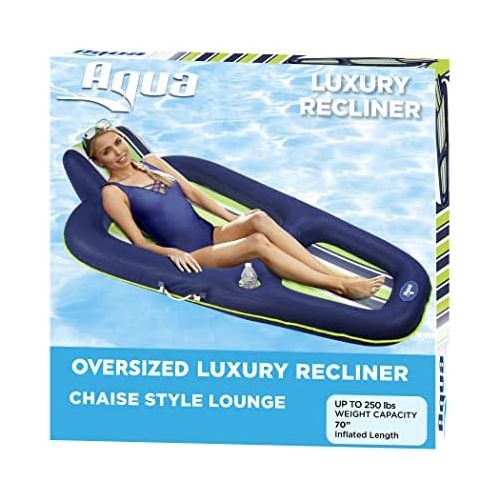  Aqua LEISURE Aqua Luxury Pool Float Lounge ? Extra Large ? Heavy Duty, Inflatable Pool Floats for Adults with Headrest, Backrest, Footrest & Cupholder ? Navy/Green/White Stripe