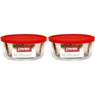 Pyrex Pack of 2 Containers, Clear, Plus 7-Cup Round Storage Dish with Red Plastic Cover