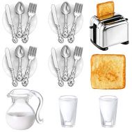 Skylety 22 Pieces 1:12 Scale Miniatures Dollhouse Kitchen Accessories, 3 Miniature Scene Mode Drinks Set, Scene Model Toast Machine with 2 Toast, 16 Mini Doll Plates Knife Fork Spoons (Mil