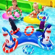 Eboozone Inflatable Pool Ring Toss Games, Flamingo Pool Games Shark Pool Toys with 6Pcs Rings, Pool Ring Toss Games for Kids and Adults