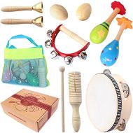 [아마존베스트]Benelet Wooden Musical Instruments Set for Children,Safe and Friendly Natural Materials,Kids Music Enlightenment,Percussion Instrument Music Toys Kit for Preschool Education,Storag