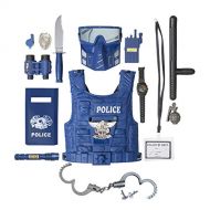 [아마존베스트]The M World Kids Police Costume for Role Play 14 Pcs Police Toys with Police Badge, Kids Handcuffs, Shield, Vest, Flashing Light, Whistle, Police Baton - Police Officer Halloween Costume for B