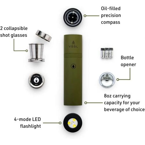  [아마존베스트]VSSL Flask - 9oz Glass Infused Adventure Flask with 2 Collapsible Shot Glasses and 4-Mode LED Light…