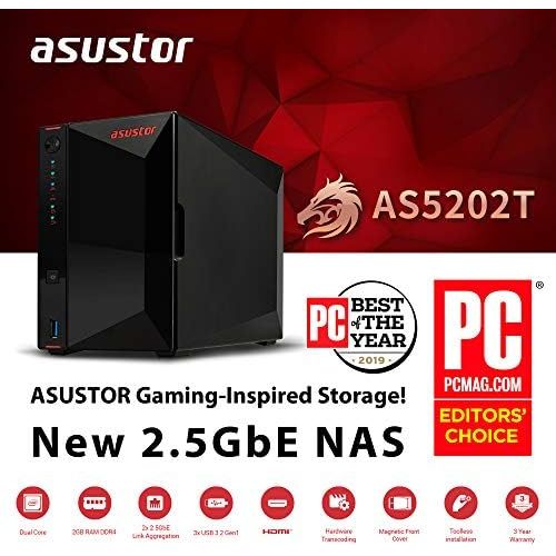  [아마존베스트]Asustor AS5202T | Gaming Inspired Network Attached Storage | 2.0GHz Dual-Core, Two 2.5GbE Port, 2GB RAM DDR4, 4GB eMMC Flash Memory | Personal Private Cloud (2 Bay Diskless NAS)