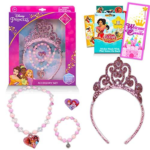 Classic Disney Disney Princess Accessory Set Bundle with Princess Jewelry Including Tiara, Bracelet, Necklace, and Ring Plus Elena of Avalor Stickers and More (Princess Accessories for Little G