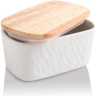 KOOV Porcelain Large Butter Dish with Lid for Countertop, Airtight Butter Container with Oak Lid, Butter Crock, Perfect for 2 Sticks of Butter, Texture Series (White)