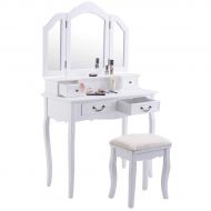 Giantex Vanity Set Tri-Folding Makeup Mirror with 4 Drawers, Classic Vanities Cushioned Stool 4 Removable Organizers Home Bathroom Bedroom Funiture, Large Dressing Tables with Benc