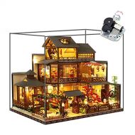 WYD 3-Story Japanese-Style Villa Model Japanese Style Wooden Assembled Dollhouse Kit Puzzle Toys Furniture Kits LED Light House Gift for Friends Parents Children(with dust Cover an