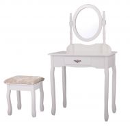 Tobbi Vanity Mirror Table Set Make up Wood Chair Desk with Stool Bench White