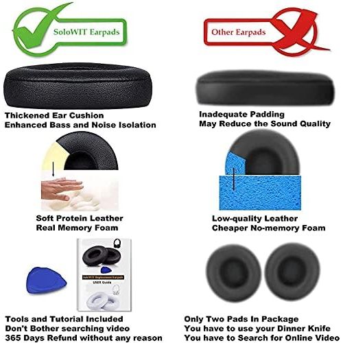  [아마존베스트]SoloWIT Professional Replacement Ear Pads for Beats Solo 2 & Solo 3 Wireless On-Ear Headphones with Soft Protein Leather, Strong Tape