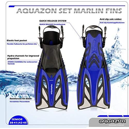  AQUAZON Aquazon Marlin high-quality snorkel set, diving set, swimming set, snorkel goggles, tempered glass, adjustable fins, snorkel with dry top, silicone, adults, senior.