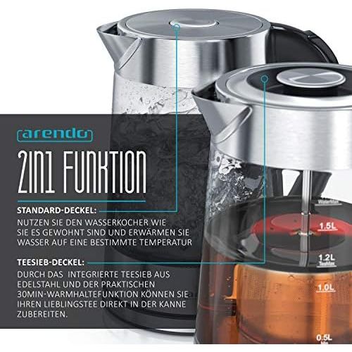  Arendo - Glas Wasserkocher mit Temperatureinstellung und Teesieb Teekocher - Einstellbare Temperaturen: 40, 70, 80,100 Grad - 1,7 Liter - Abschaltautomatik - Warmhaltefunktion