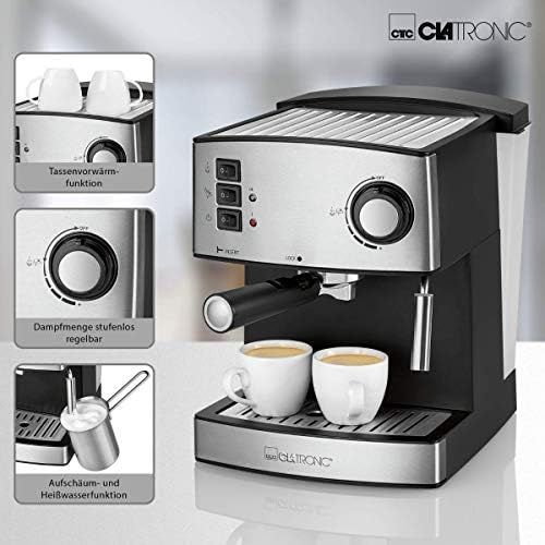  Clatronic ES 3643 Espresso- und Cappuccino-Automat, Edelstahlfront, 15 bar Pumpdruck, 1,6 Liter Wasserstand, Tassenvorwarmfunktion, Schwenkbare Edelstahldampfduese mit Aufschaum- un