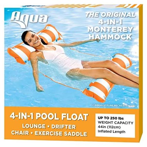  AQUA 4-in-1 Monterey Hammock Inflatable Pool Float, Multi-Purpose Pool Hammock (Saddle, Lounge Chair, Hammock, Drifter) Pool Chair, Portable Water Hammock, Orange/White Stripe