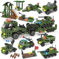 WishaLife City Police Station Building Kit, Army Military Base Building Set, Heavy Transport Truck Toy with Armored Vehicles & Airplane, Storage Box with Baseplates Lid, Present Gift for Kid