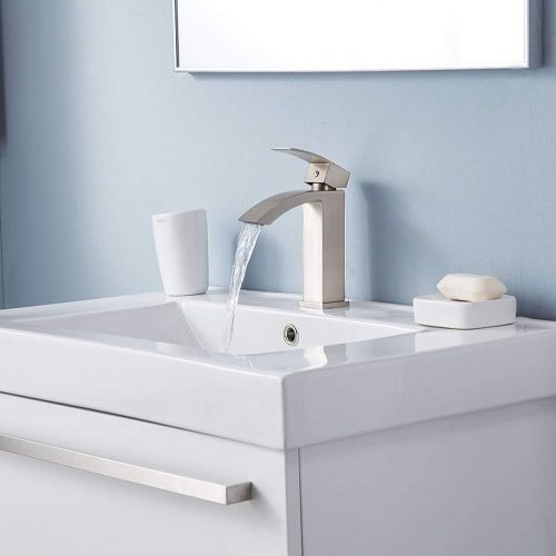  Friho Single Handle Waterfall Bathroom Vanity Sink Faucet with Extra Large Rectangular Spout, Brushed Nickel
