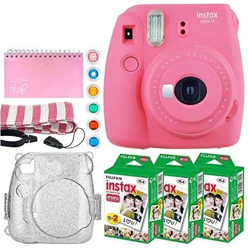 후지필름 Fujifilm Instax Mini 9 Instant Camera (Flamingo Pink) + Fujifilm Instax Mini Twin Pack Instant Film (60 Exposures) + Glitter Case + Scrapbook Album + 6 Colored Lens Filters + Neck