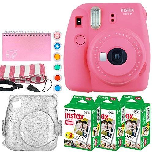후지필름 Fujifilm Instax Mini 9 Instant Camera (Flamingo Pink) + Fujifilm Instax Mini Twin Pack Instant Film (60 Exposures) + Glitter Case + Scrapbook Album + 6 Colored Lens Filters + Neck