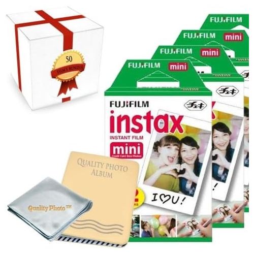 후지필름 Fujifilm INSTAX Mini Instant Film 5 Pack (50 Films) For all Fuji Mini Cameras - Photo Album - Microfiber Cloth