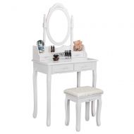 Bonnlo Princess Girls Vanity Table Set Makeup Dressing Table with Cushioned Stool 1 Rotatable Mirror 4 Drawers 4 Drawer Dividers