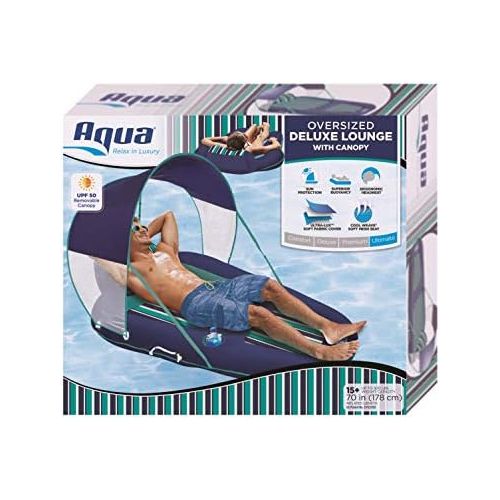  Aqua Oversized Deluxe Pool Lounger, Inflatable Pool Float with UPF 50 Sunshade Canopy, Heavy Duty, X-Large, Navy/Aqua/White Stripe