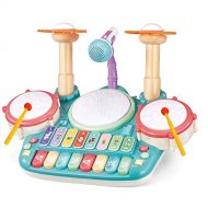 [아마존베스트]TOONEV Baby Musical Instruments Toys,Kids Drum Set Electronic Piano Keyboard and Xylophone 3 in 1 Multifunction Toddler Toys with Drum Sticks Microphone and Light Musical Toys Gift